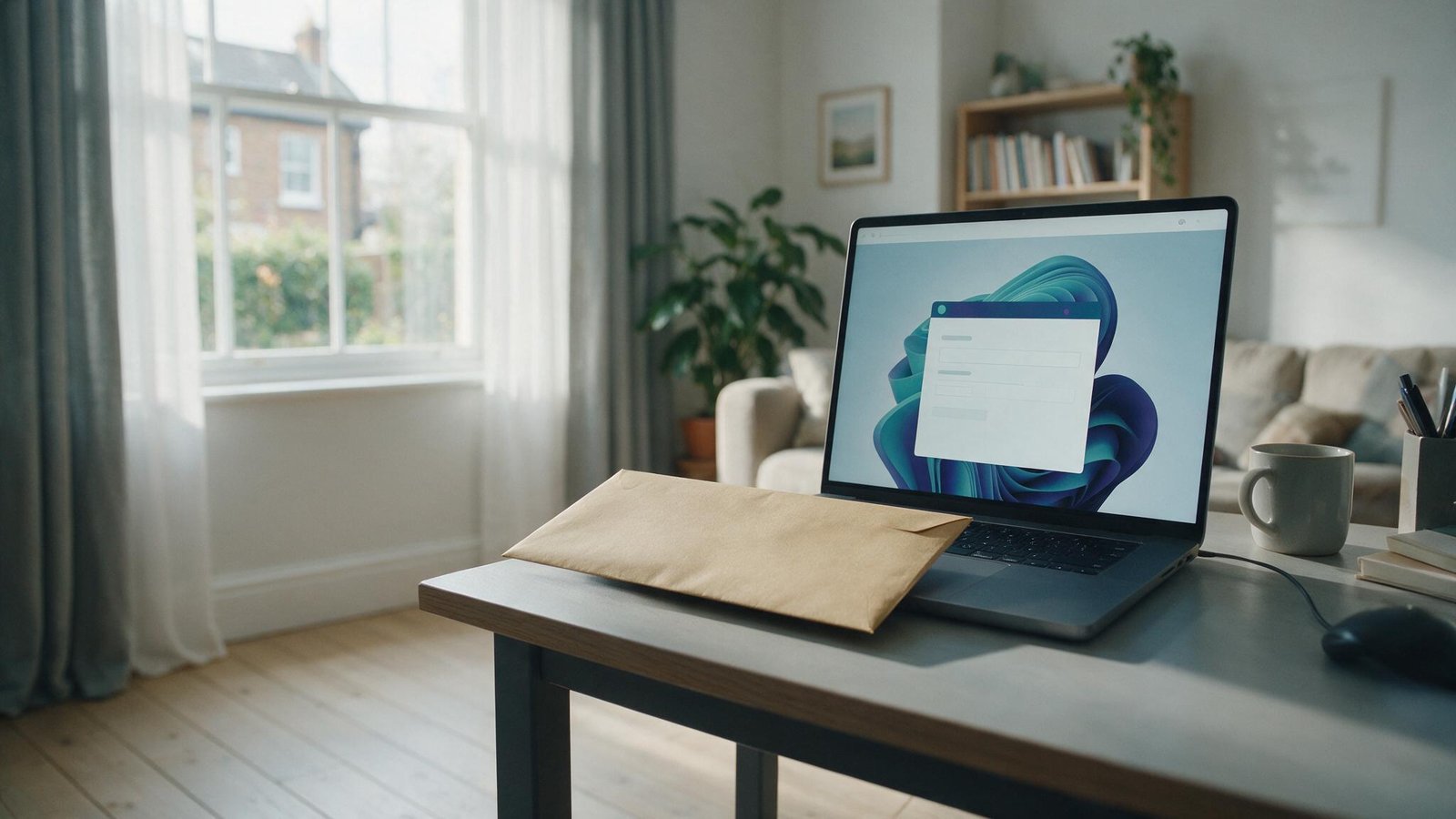 A plain official envelope beside a laptop showing a filing screen, paper filing giving way to software