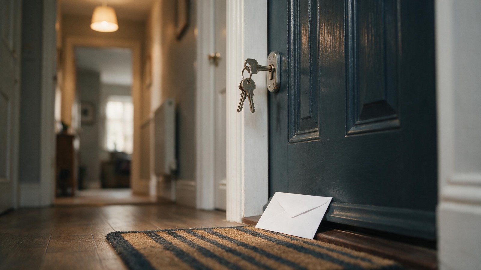 House keys in the door of a let property with an HMRC letter on the doormat