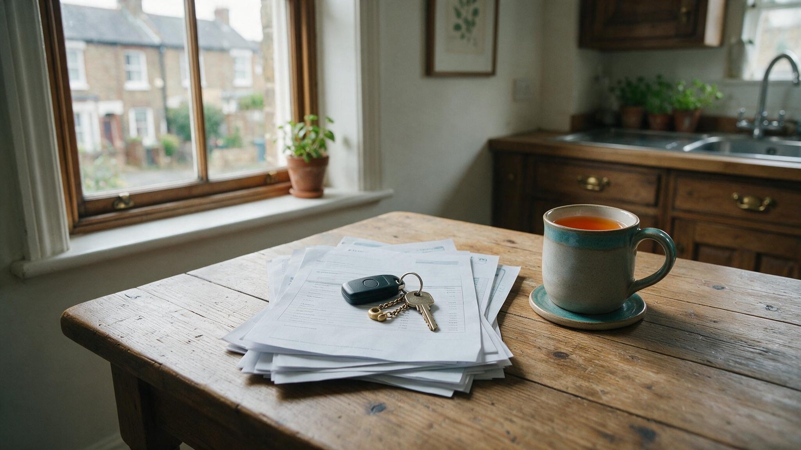 House keys resting on a stack of tenancy paperwork and bank statements on a kitchen table