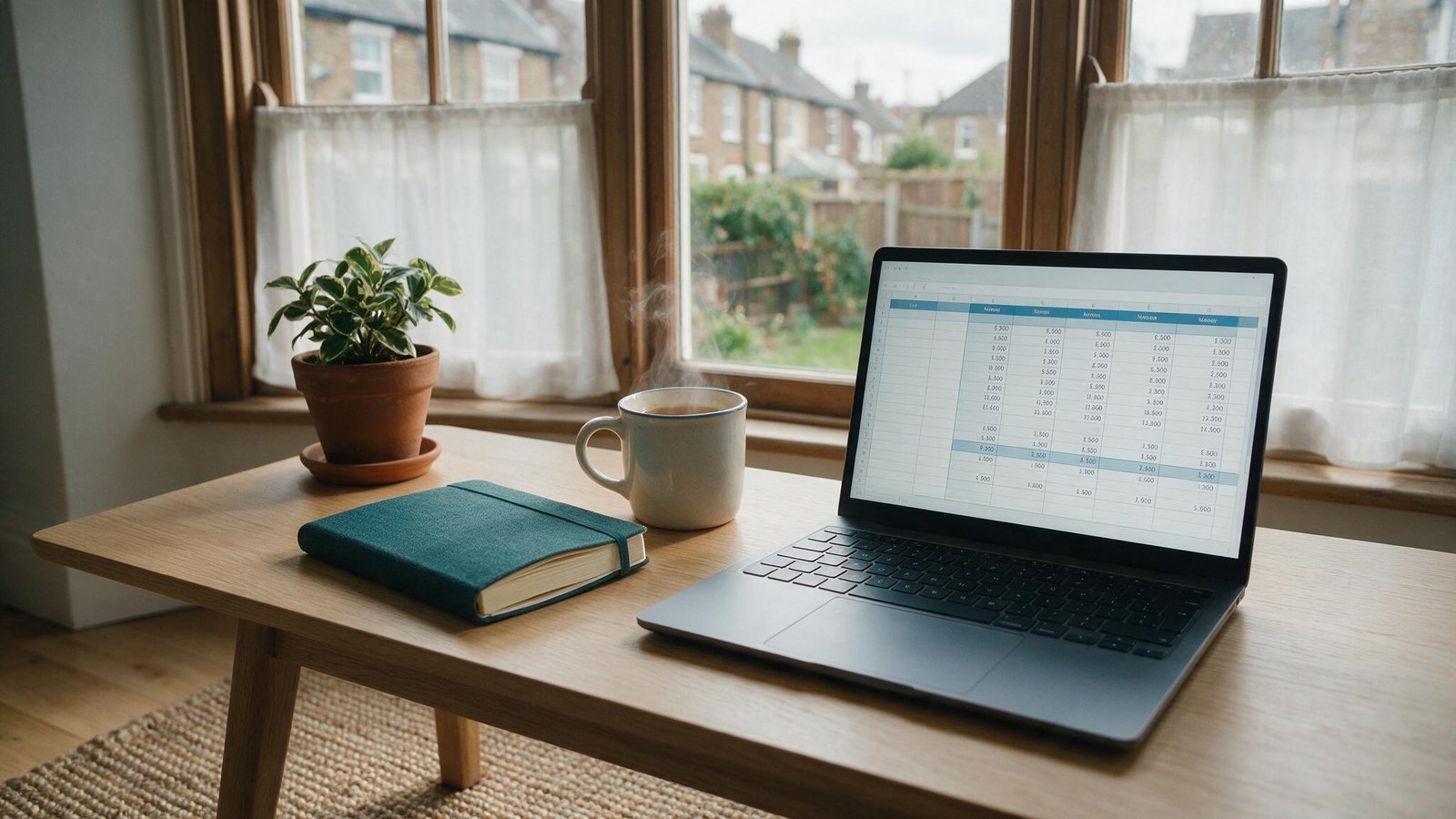 A tidy UK home office desk with a laptop showing a monthly income spreadsheet, a notebook and a mug of tea