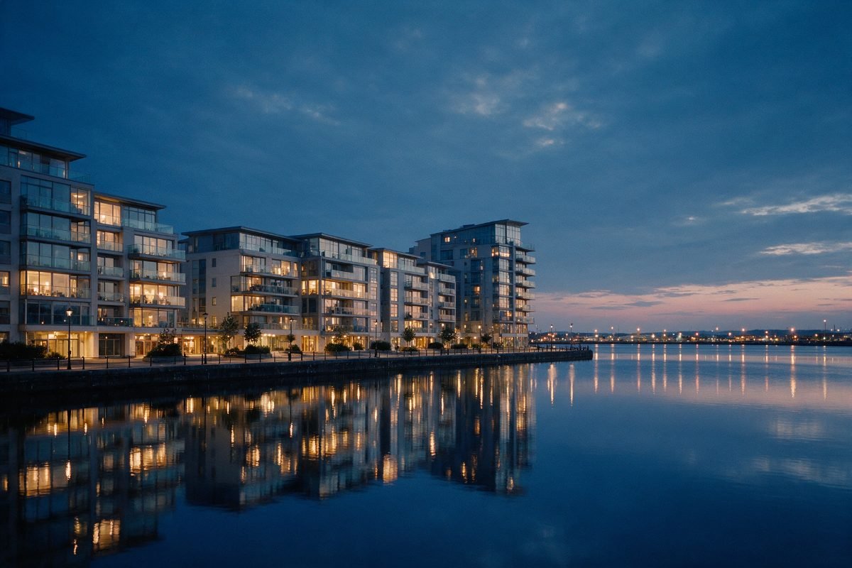 Cardiff Bay waterfront apartments at dusk, rental property of the kind covered by a landlord disclosure