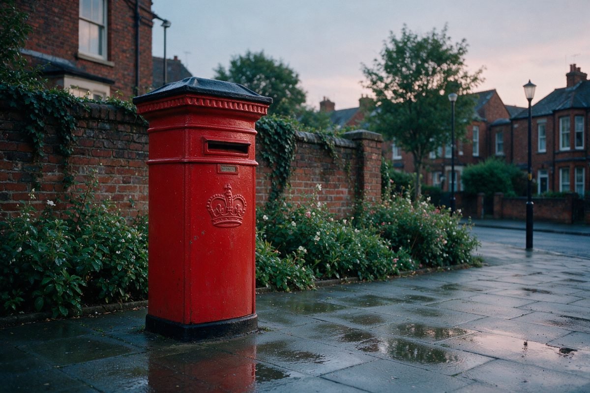 Red British pillar post box on a residential street at dusk, where a landlord disclosure notification begins