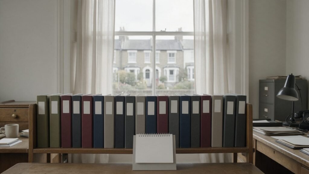 Shelf of rental record binders beside a desk calendar, showing the years a landlord disclosure has to cover