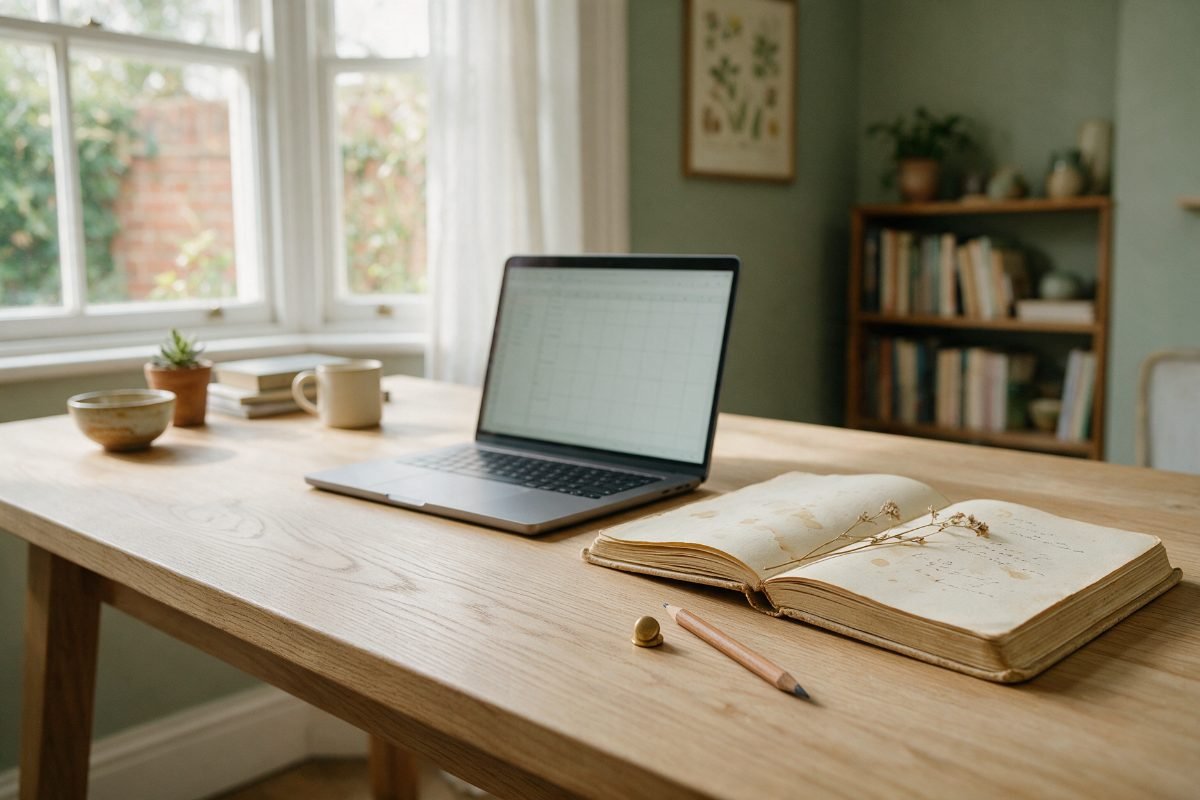 Laptop showing a rental accounts spreadsheet beside a paper ledger on a British home office desk
