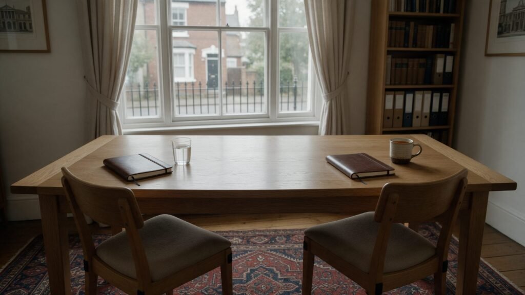 Meeting table set for two in a British accountancy office, where a Let Property Campaign disclosure starts