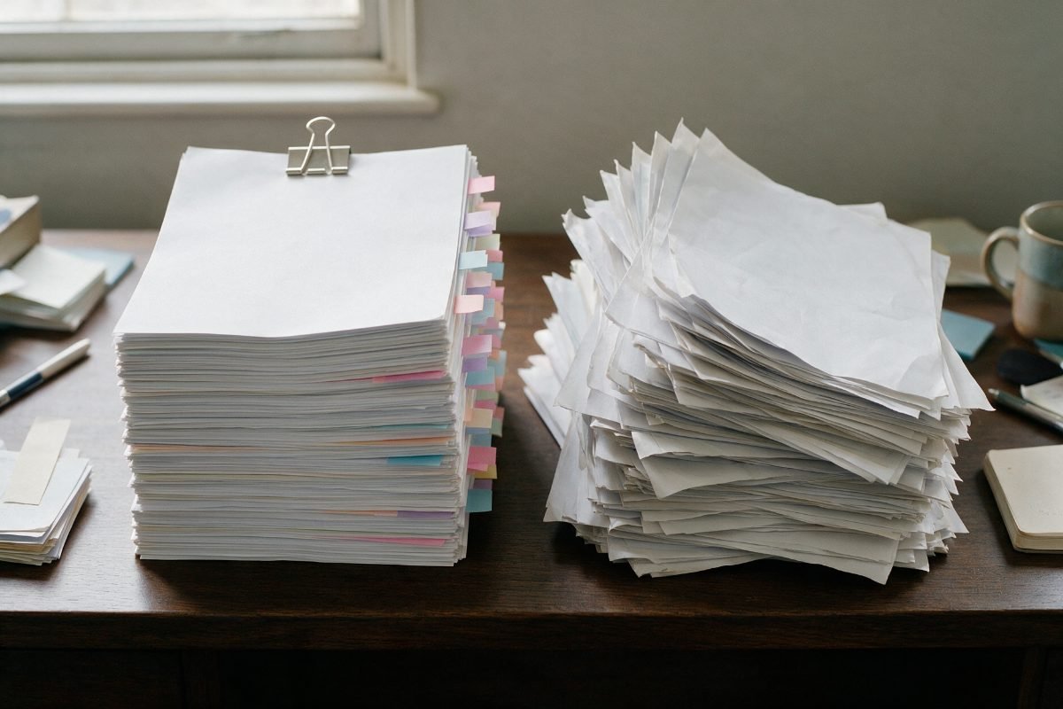 An ordered tabbed bundle of records beside a loose unsorted pile, the difference good helping makes to a disclosure