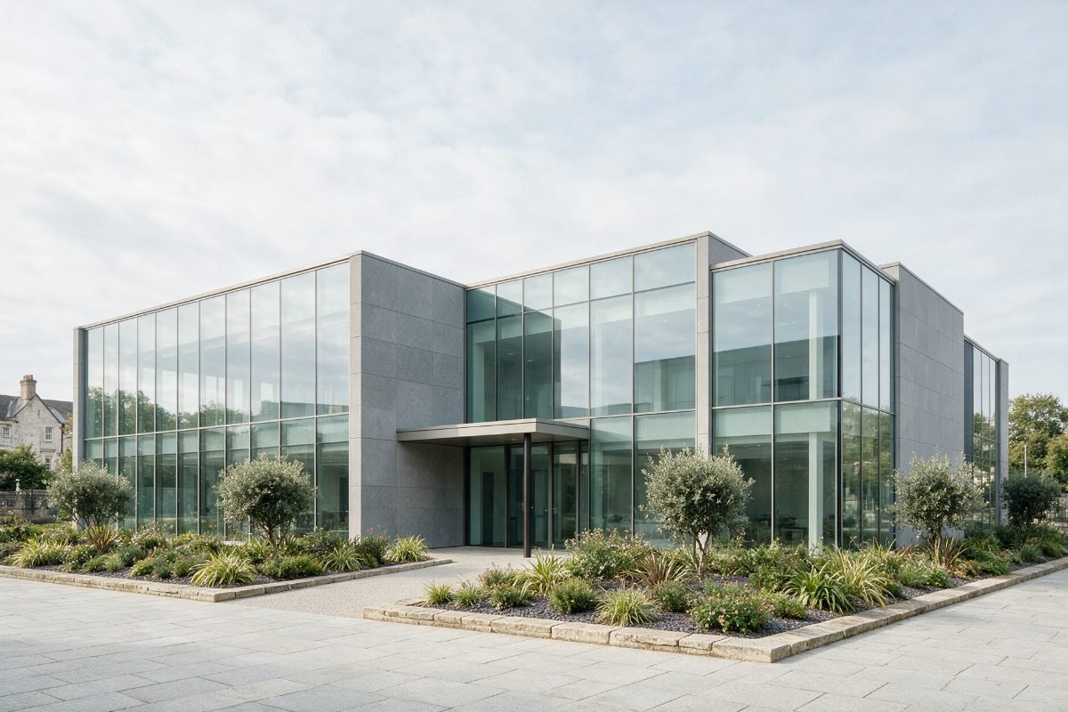 Modern business centre exterior in a Welsh city, the kind of office a landlord disclosure is handled from