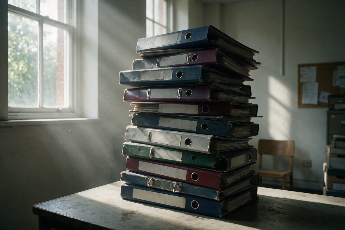 Stack of lever arch files of different ages, one for each year of undeclared rental income