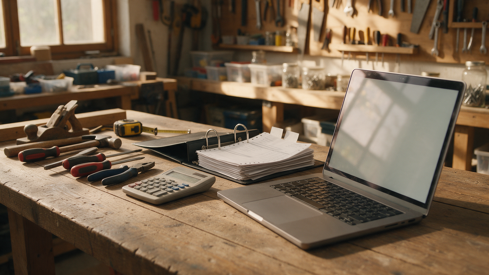 Workshop bench with a laptop, a binder of invoices and a calculator beside hand tools, a sole trader working out what an accountant costs
