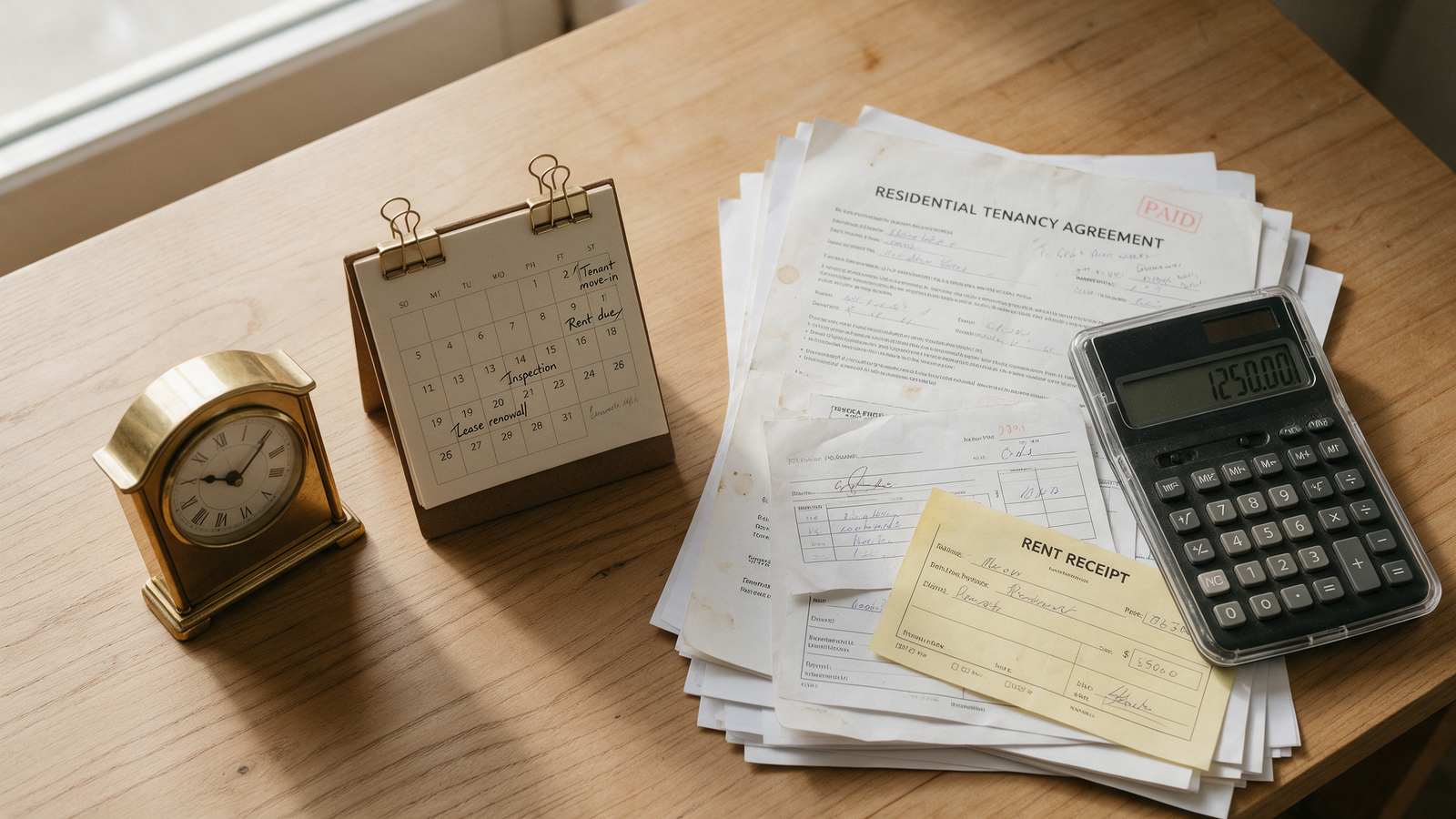 Desk calendar, clock and rental paperwork showing how HMRC interest accrues daily on undeclared rental income