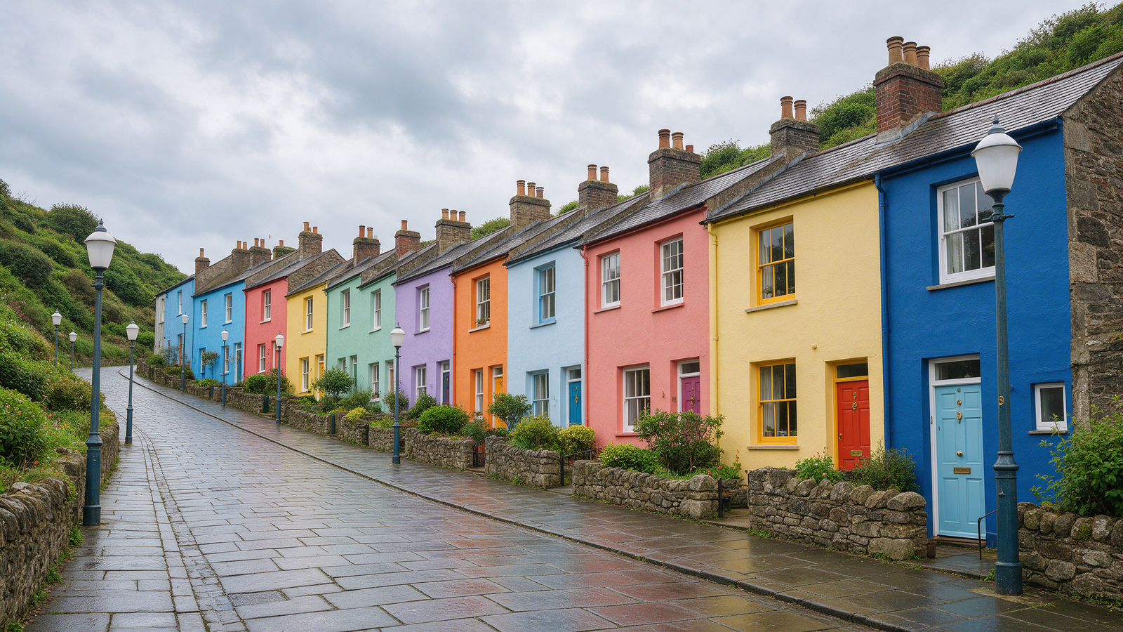 Colourful terraced houses on a steep Bristol street where many self employed clients live