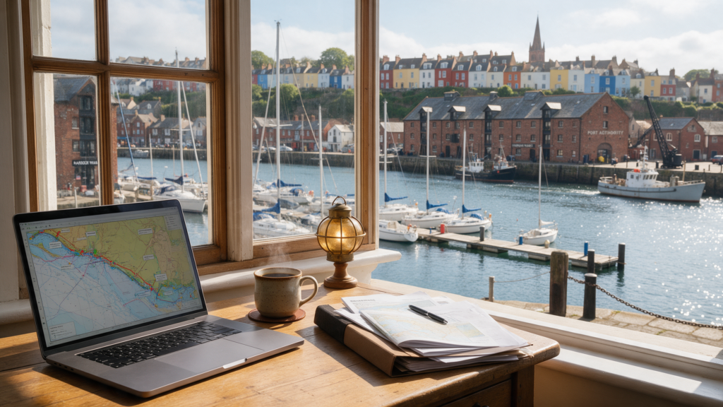 Desk beside a window overlooking a harbourside of brick warehouses and coloured terraced houses, a Bristol self assessment workspace