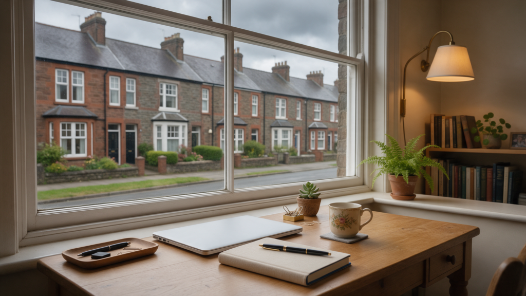 Home office desk by a window looking out over a row of Welsh terraced houses, where a Cardiff self assessment return gets prepared