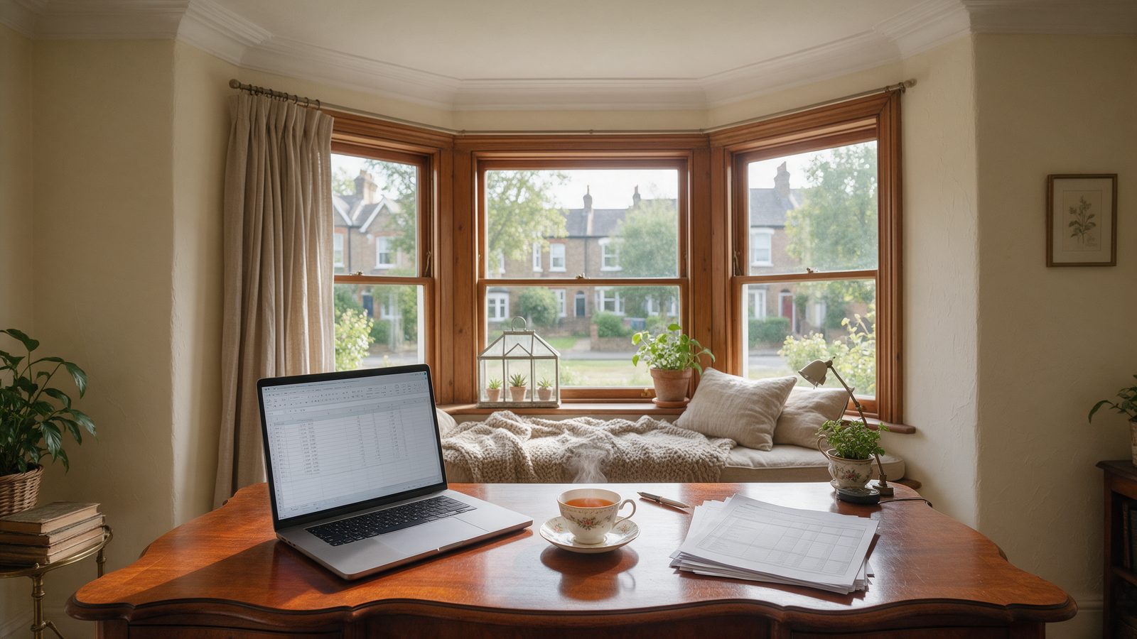 Laptop and printed figures on a desk in a Cardiff bay window while a Self Assessment return is checked