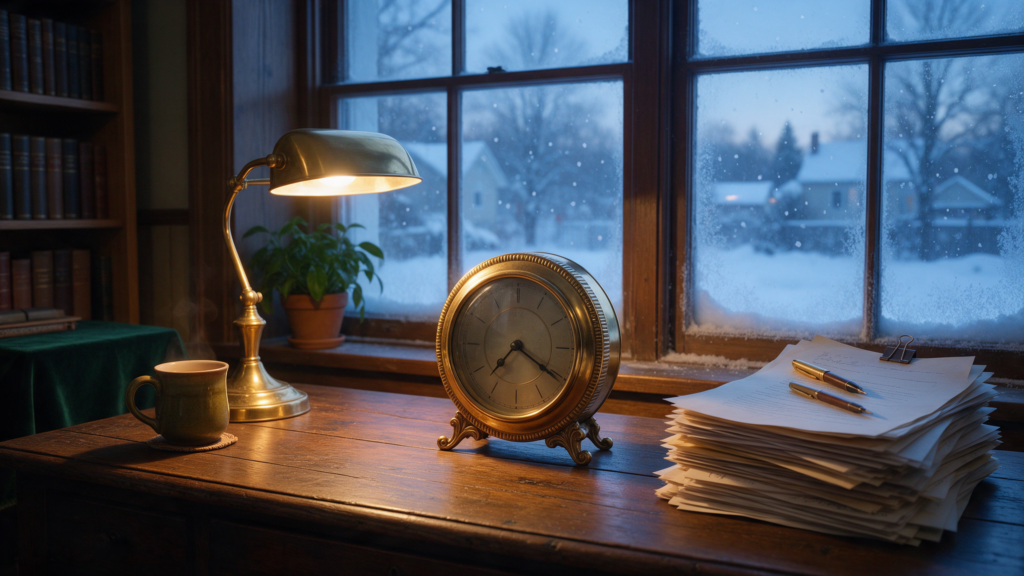 Desk clock and a stack of paperwork under a lamp on a dark winter morning, counting down to the 31 January tax return deadline