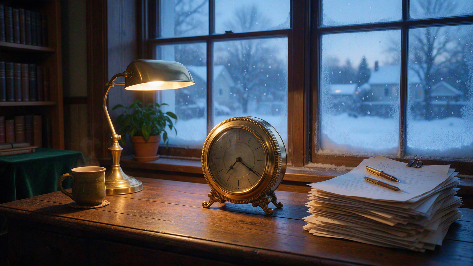 Desk clock and a stack of paperwork under a lamp on a dark winter morning, counting down to the 31 January tax return deadline
