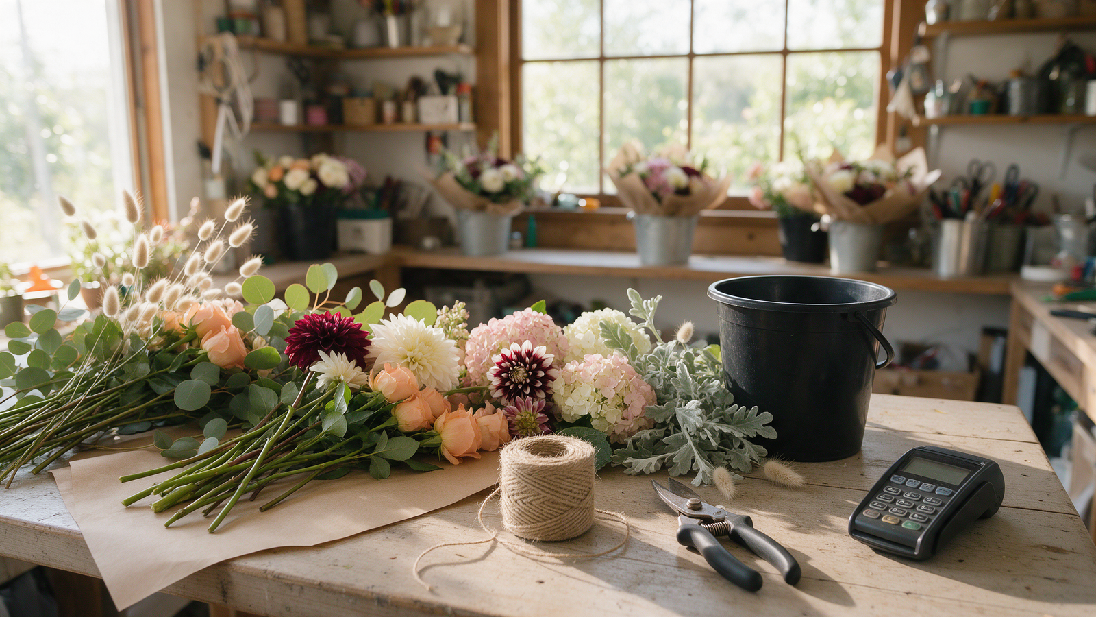 Florist workbench with a card terminal, a sole trader business whose accounts need preparing