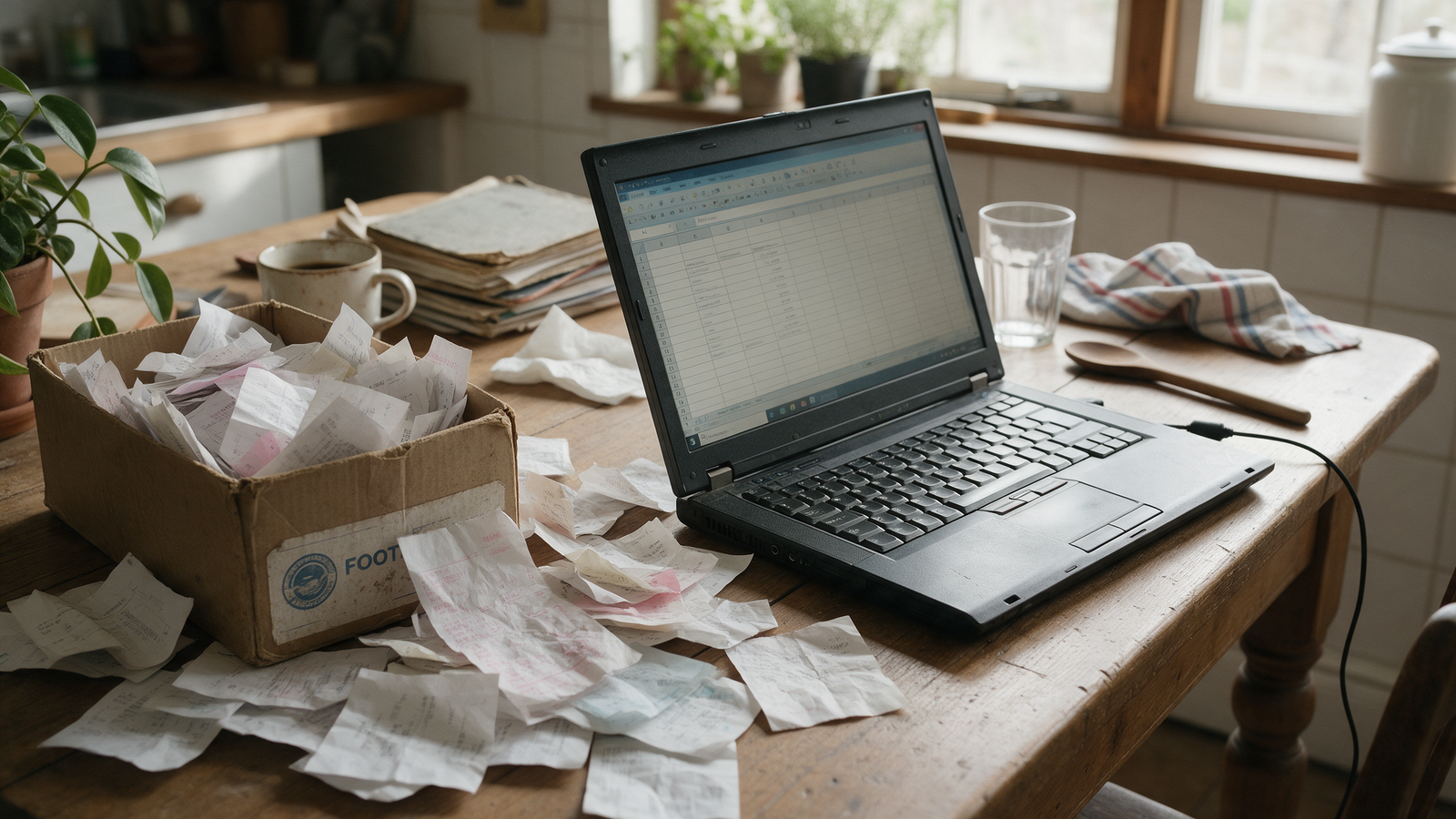 Shoebox of crumpled receipts beside a laptop, the state of records that drives a sole trader accountancy fee