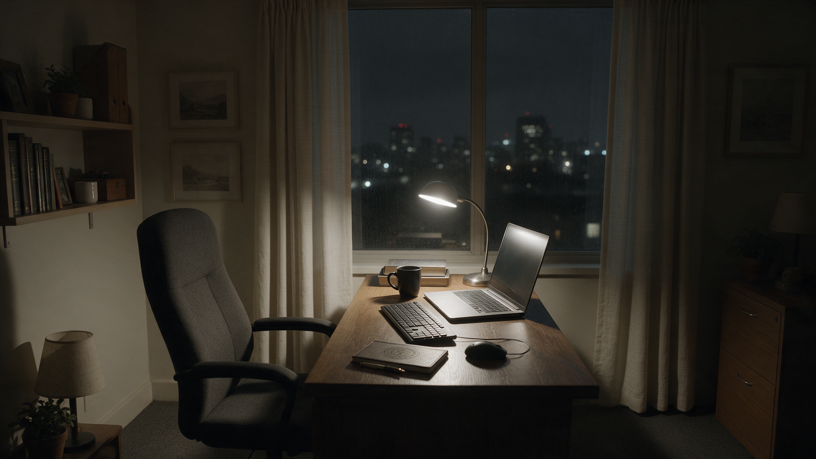 Small office lit by one desk lamp at night, the late filing many people end up doing in January