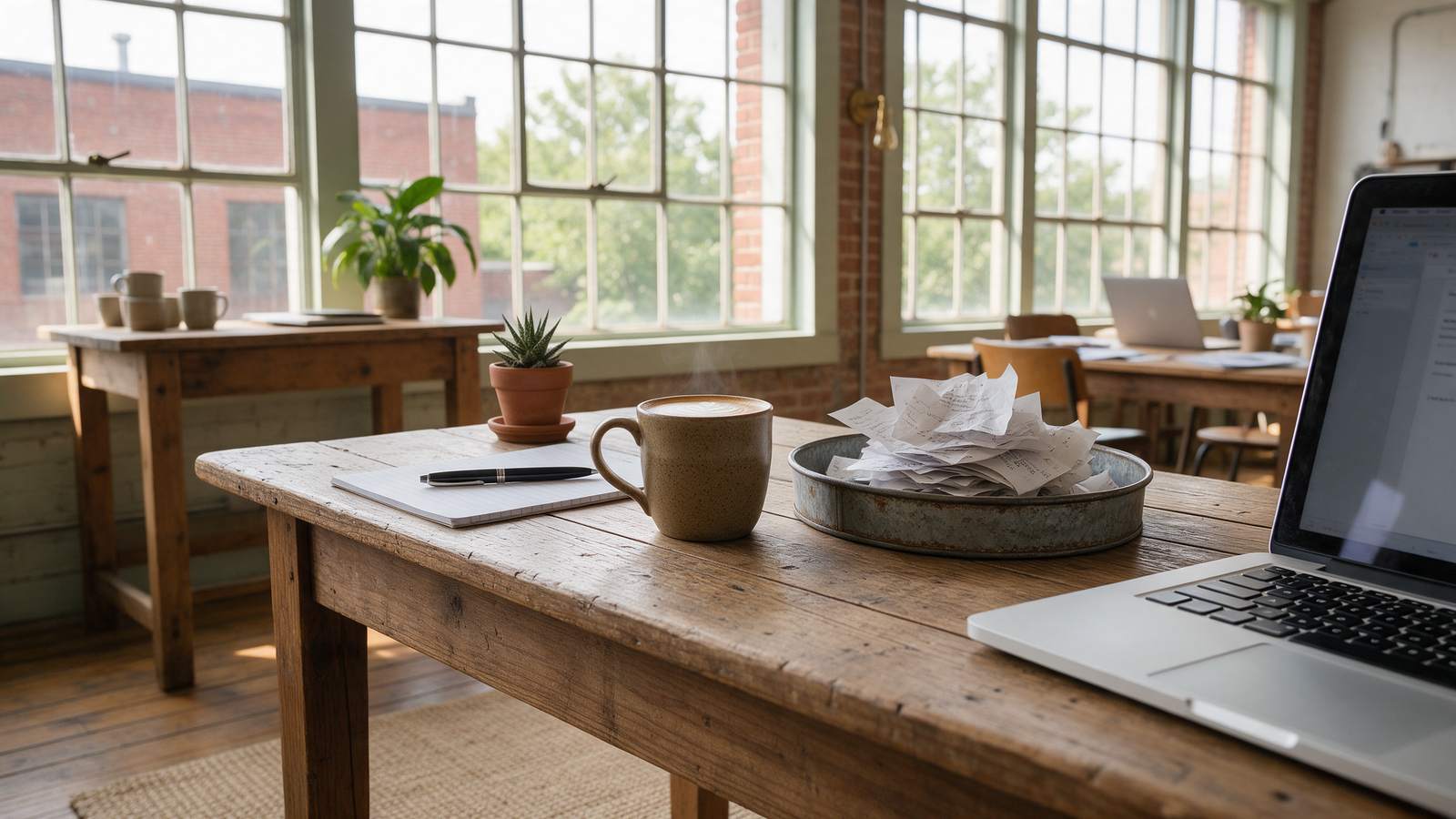 Coworking desk in Bristol with a laptop and a tray of receipts ready for a tax return
