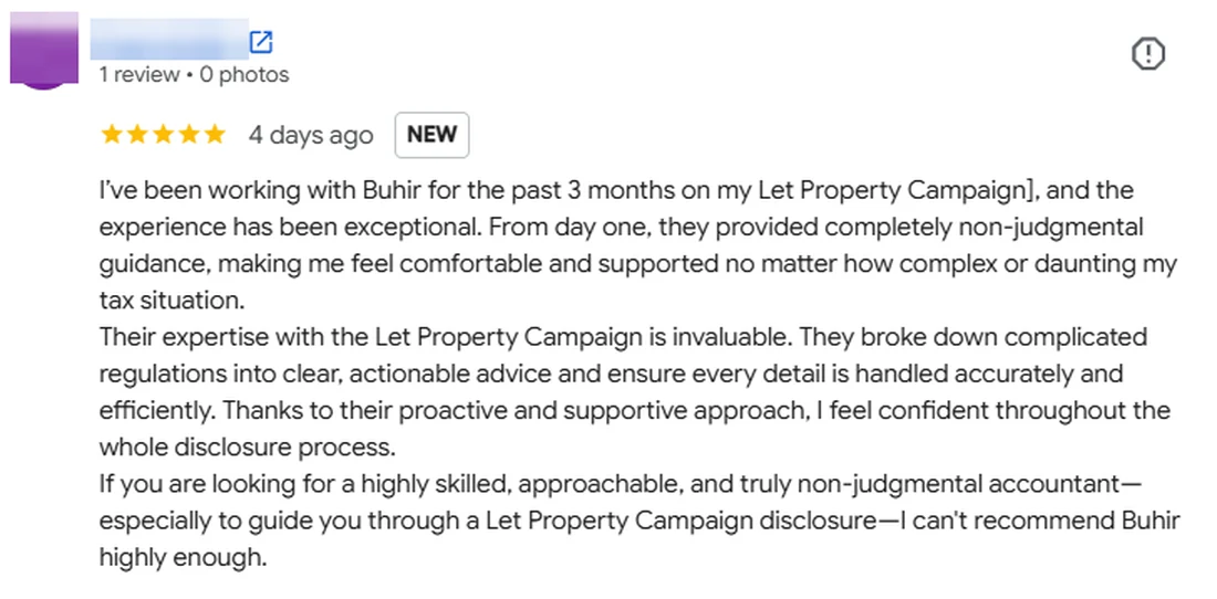 Google review about Let Property Campaign disclosure work by Total Books, reviewer name redacted