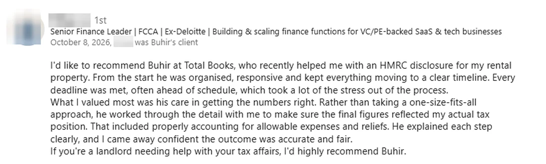 LinkedIn recommendation about an HMRC rental property disclosure handled by Total Books, reviewer name redacted