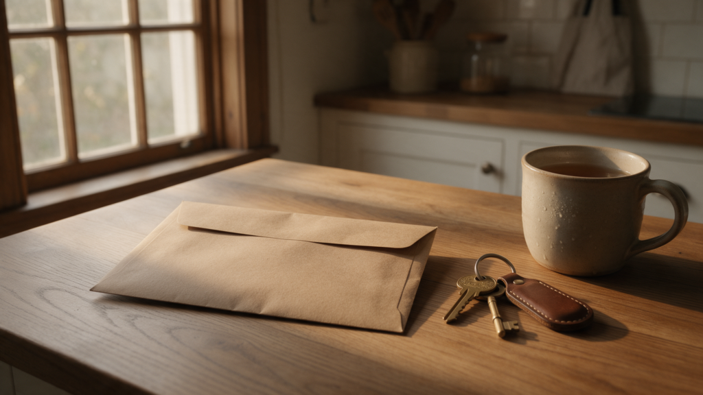 Unopened brown envelope and a set of house keys on a kitchen table, the moment a landlord decides to deal with undeclared rental income